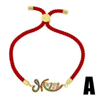 China Luxury Jewelry Gift Luxury Jewelry Mothers Day Festival Jewelry Rainbow Zircon Red Rope Mom Letter Micro Paved Tennis Bracelet For Women for sale