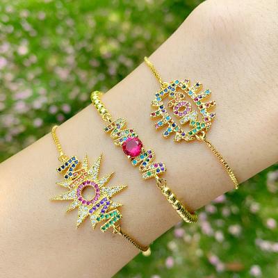 China High Quality Rainbow Color Jewelry Mothers Day Festival Jewelry Micro Pave Zircon Mum Letter Gold Micro Paved Adjustable Bracelet for sale