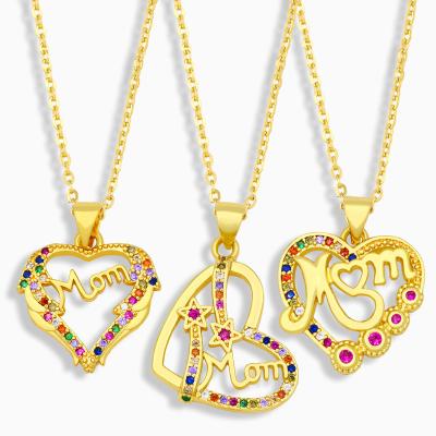 China TRENDY Real Gold Heart Pendant Zirconia Mom Letter Jewelry Micro Paved Copper Plated Necklace For Gift 2022 for sale