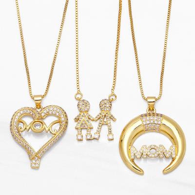 China TRENDY Heart Moon MOM Letter Necklace Mothers Day Micro Zircon Paved Jewelry Necklace for sale