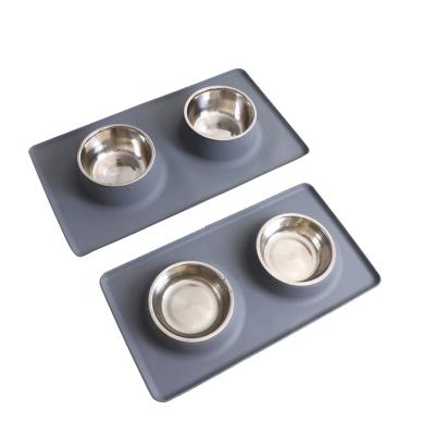 China Anti-skip Viable Silicone Mat Pet Double Bowls Dual Use Stainless Steel Bowl With Mat for sale