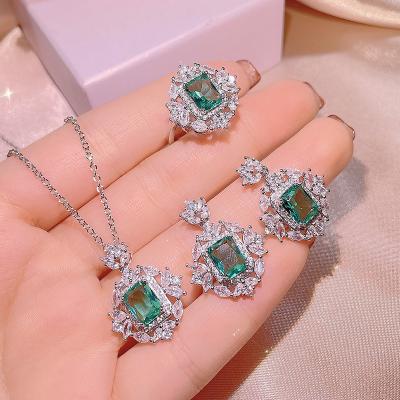 China High Quallity 2022 new color treasure necklace simulation emerald pendant emerald ring women's three-piece jewelry set for sale