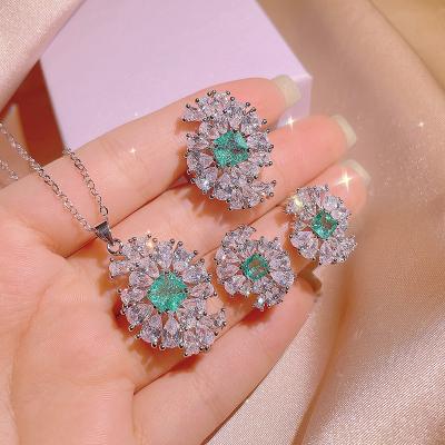 China High Quallity tiktok new best selling Brazil Paraiba full diamond earrings designer necklace three-piece women's jewelry set for sale