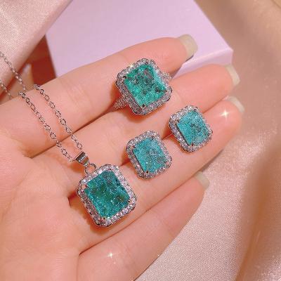 China High Quallity European and American new fashion tiktok live style simulation Paraiba ring earrings necklace jewelry set for women for sale