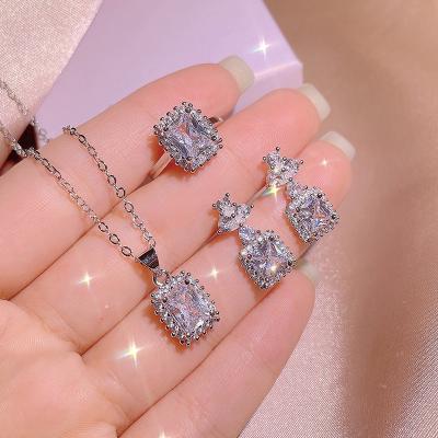 China High Quallity Tiktok live Princess Square Diamond exquisite bright fashion micro-inlaid zircon earrings ring necklace jewelry set for women for sale