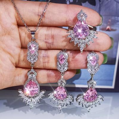 China High Quallity European and American bride colorful shiny zircon plated gold necklace earrings ring jewelry three-piece suit for women for sale