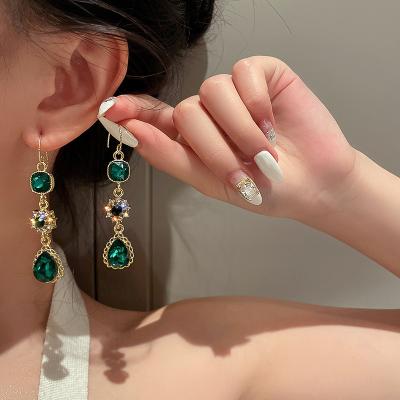 China Vintage Korean long diamond-encrusted emerald ear hook water drop flower zircon eardrop elegant luxury earring for women for sale