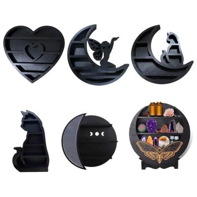 China Europe Wholesale Cat on The Moon Wood Shelf statue Moon Shelf Black Cat Design Floating Moon Phases Shelf Gothic Witchy Room Decoration for sale