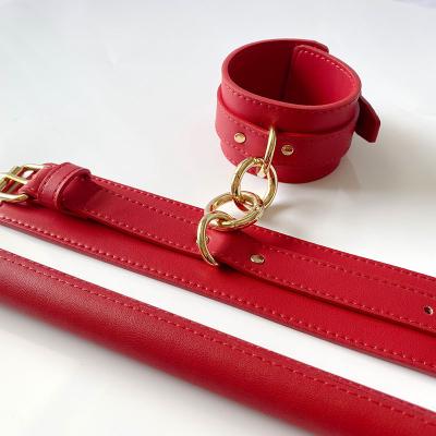 China BDSM Lifestyle Loverfetish Luxury Red Leather Covered Wooden Spreader Bar With Leather Cuffs Bondage Set Ankle Cuffs for sale