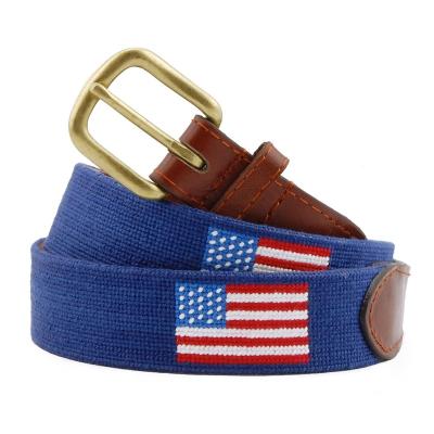 China All Traditional handmade American flag leather needlepoint golf belt navy blue hand stitched strap belt for sale