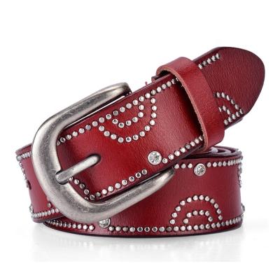 China Genuine Leathe Women Rhinestone Studded Leather Belt Fashion Western Cowgirl Bling Studded Design for sale