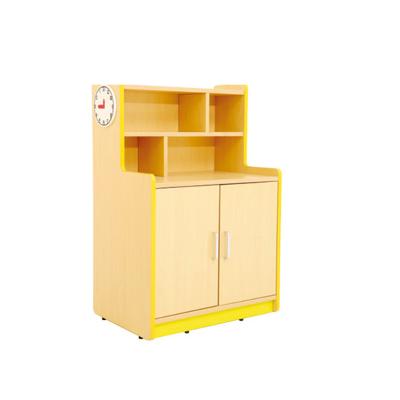 China Contemporary Wooden Kid's Nursery Kindergarten Furniture Cowboy With Steel Legs Kids Pretend Kitchen Toy Cabinet for sale