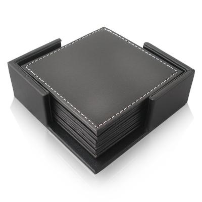 China Durable PU Set Wine Drink Coaster Black Leather Square Concrete Stand for sale