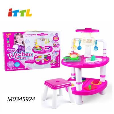 China Childhood Education Pink Cooking Kitchen Set Toys For Children Pretend Play Tools Plastic Kitchen for sale