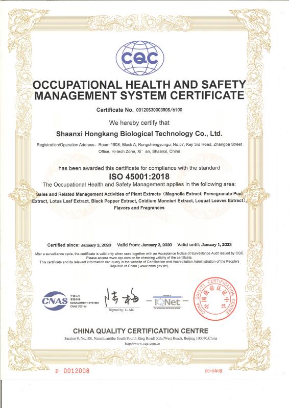 ISO 45001:2018 - Shaanxi Hongkang Biological Technology Co., Ltd