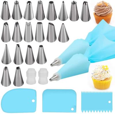 China Silicone Stocked Icing Ba Reusable Cream Pastry Bag Piping And Stainless Steel 14 Spout Set DIY Cake Decorating Tool Kit for sale