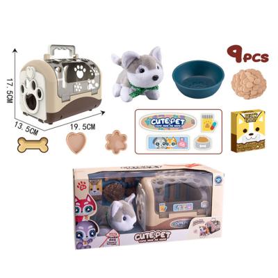 China Cute Plush Animal Doll Pet Come Take Me Home Plastic Pet Cage Lovely Dog Doll With Multi Accessories for sale