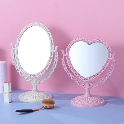 China Wholesale Desktop Monocular Mirror Vanity Make Up Mirror European Style Double Sided Dressing Pink Heart Mirror for sale