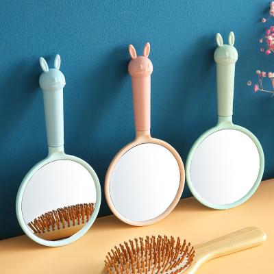 China Custom Logo Mirror Makeup Small Circular Monocular Hand Held Mirror With Lovely Rabbit Long Handle for sale