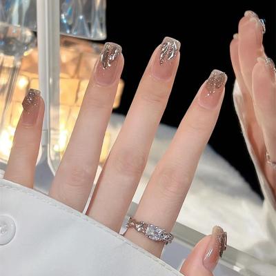 China Long Lasting Professional French Tip Press On Nails Diamond Transparent Finger Nails Artificial Nails for sale