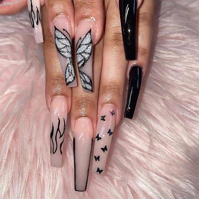 China Professional And Durable European Style Press On Nails Full Cover Long Coffin Black Butterfly Flare Artificial False Nails for sale