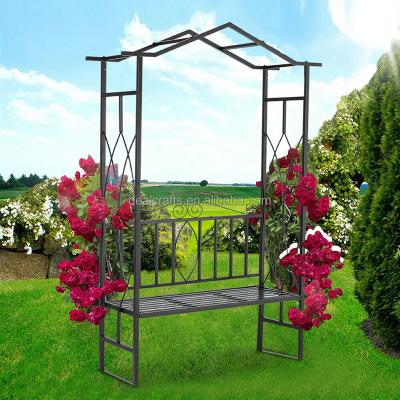 China Easily Assembled Outdoor Metal Garden Arch With Seat Bench Arch Garden Arbor For Climbing Plant for sale