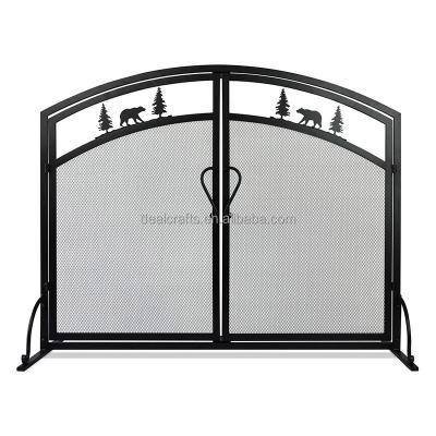 China Home& Garden Fireplace Screen Single Panel Wrought Iron , Black Mesh Fireplace Screen With Hinged Magnetic Doors for sale