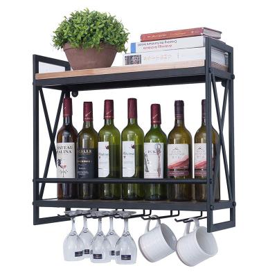 China Sustainable Industrial Metal with Wine Wood Racks, Wall Mounted with 6 Rod Glass Rack for Home Kitchen Dining Room for sale