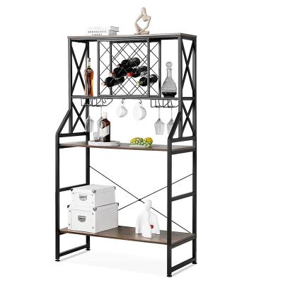 China Sustainable Multifunctional 4-Layer Wine Rack Table with Glass Rack, Metal with Wooden Kitchen Storage Rack for Home Kitchen Dining Room for sale