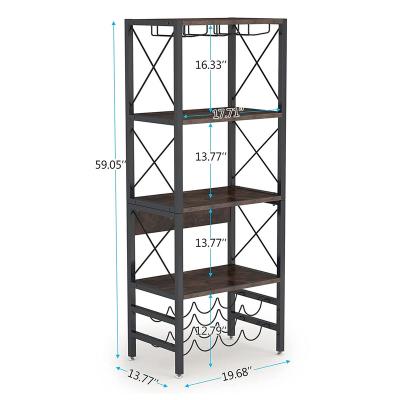 China Sustainable Industrial 4-Tier Wine Rack Free Standing Floor With Rack And Wine Glass Storage For Home Kitchen Dining Room for sale