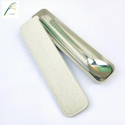 China Viable Factory Direct Sale Stainless Steel Spoon Chopstick Cutlery Set Tableware with Wheat Straw Box for sale