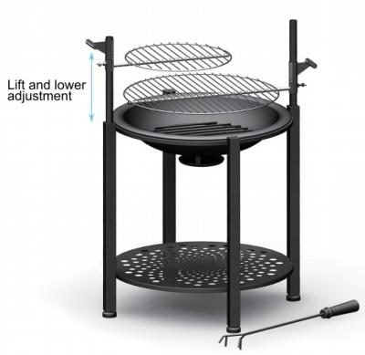 China Multi Functional Wood BBQ Metal Fire Pit With Two Adjustable Cooking Stocked Burning Heating Grills for sale