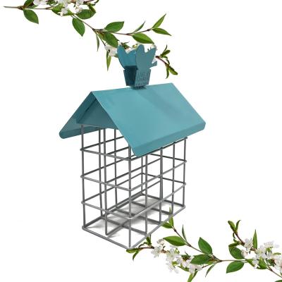 China Sustainable Blue House Shaped Outdoor Metal Wire Cage Suet Bird Feeder For Garden Patio Backyard Hanging for sale