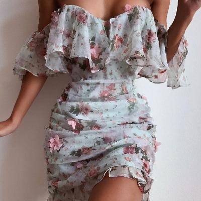 China Breathable Breathable Off The Shoulder Dress Women Floral Print Double-Layer Ruffled Sexy Strapless Dress Female Summer Dress Bodycon Vestidos New for sale