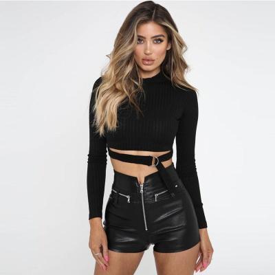 China Long Bodycon O Sheath Anti-Wrinkle Ribbed Knitted Top Women Crop Anti-Wrinkle Neck Bandage Short T-shirt Female Streetwear Casual Wear 2020 for sale