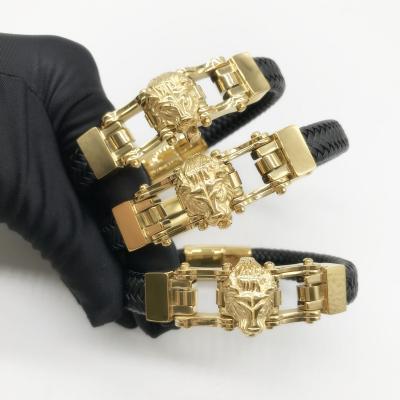 China Beiyan Hiphop Jewelry Top Selling Products Fashion Hip Hop Men 18k Gold Plated Stainless Steel Lion Head Leather Bracelets for sale