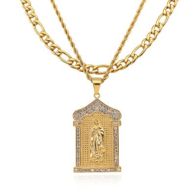 China Wholesale Hiphop Personalization Rope Chain Virgin Mary 18k Gold Plated Stainless Steel Diamond Cuban Link Chain Pendant Necklace Set for sale