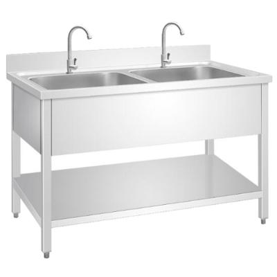 China Hand Free Commercial Wash Sink/SUS Stainless Steel Two Compartment Faucet Assembly Two Sink Bench Commercial Kitchen Work Bench for sale