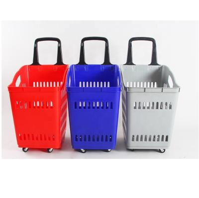 China Shopping Mall Rolling Supermarket Plastic Shopping Cart 60 Liter Capacity With Wheels for sale