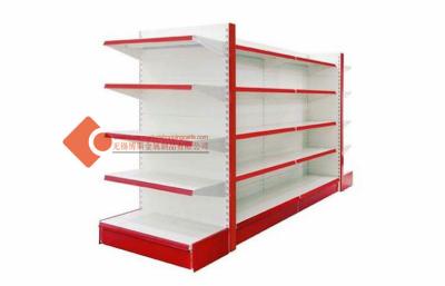 China Red Laber Supermarket Shelves Steel Freestanding Shelving Unit 30*60 / 40*80mm post for sale