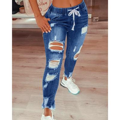 China 2021 Fashion QUICK DRY Trend Breathable Waist Mid Plus Size Women Stretch Skinny Ripped Denim Jeans for sale