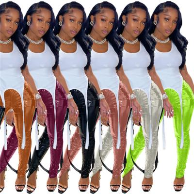 China Anti-Wrinkle Women Fall Clothing Women Pants With High Waisted Gaiters PU Leather Split Pants for sale