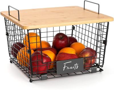 China Sustainable Stainless Steel Fruit Vegetable Basket Metal Fruit Basket Organizer with Wooden Lid for sale