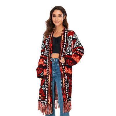 China Anti-Wrinkle Retro Long Sleeve Fringe Women Knitted Western Cardigans Sweater Wholesale Warm Aztec Thick Cardigan for sale