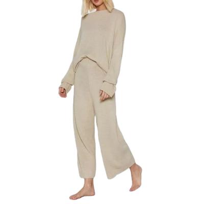 China QUICK DRY Women's Sweater Knitted Lounge Set Cream Color Crew Neck Set Women Designer Sweater Pants Two Piece Set for sale