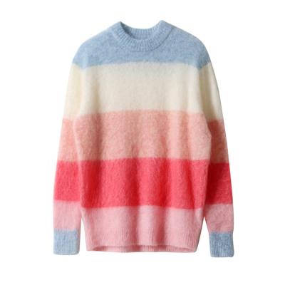 China custom Anti-wrinkle rainbow crew neck stripe color block mohair sweater knit pullover sueter rayado mujer for sale