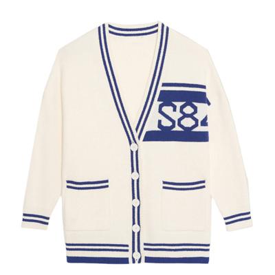 China Custom made unisex sweater breathable fabrication v neck cardigan with varsity letter button printed cardigan sweater letterman sweater for sale