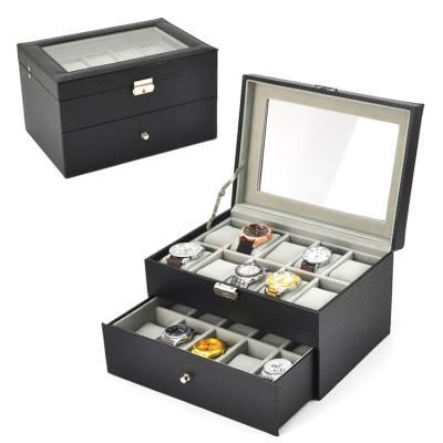 China Carbon Fiber 20 Position Leather Watch Case Standing Clear Display Watch Case Collection Display Box for sale