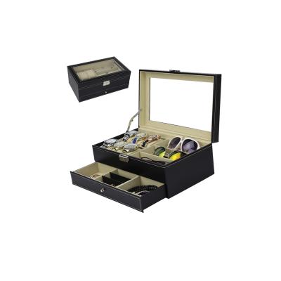 China High Quality Luxury Leather Wooden 6 Slots Watch Box Black 3 Compartment Sunglass Jewelry Storage Case for sale