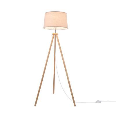 China Modern Tripod Floor Lamp Wooden E27 150cm Lamp Base Max.60W Holding Light Hand Foot Control White Fabric Shade Bedroom Office Studio for sale